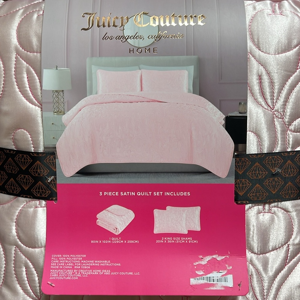 Juicy Couture Luxurious Satin Cherry Print King Size 3 Piece Quilt & Sham Set - Picture 7 of 10